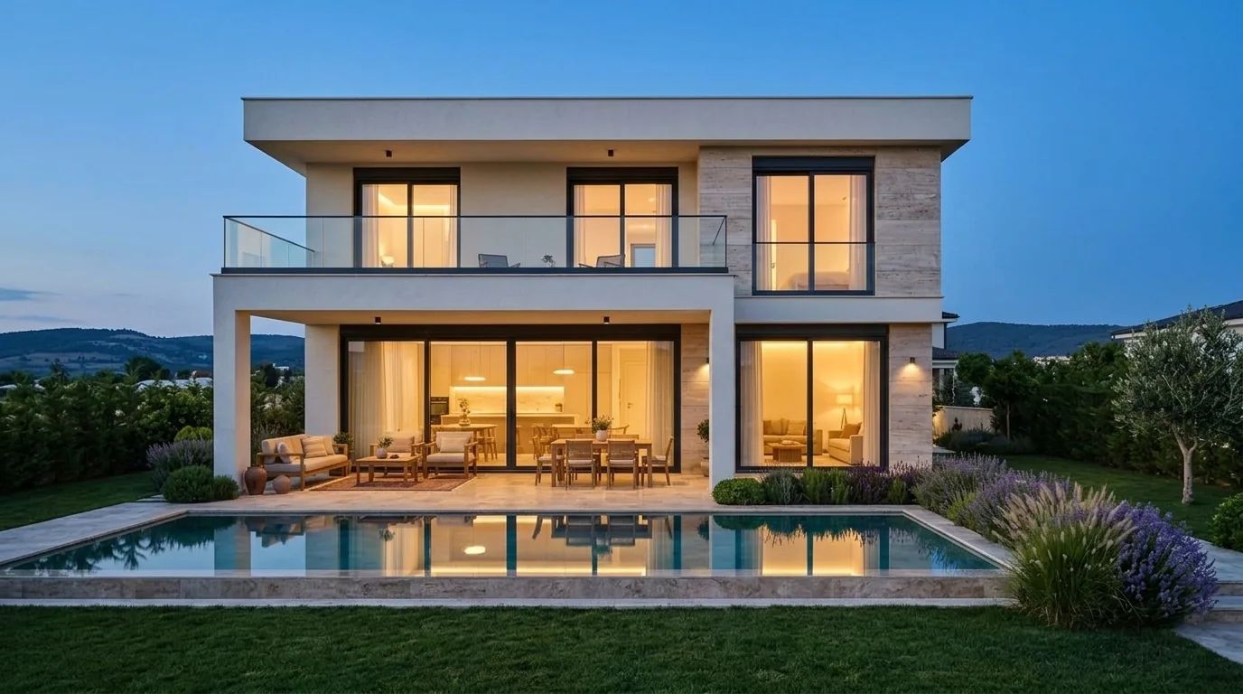 Mavi saatte ışıkları yanan iki katlı modern villa ve önündeki uzun havuz