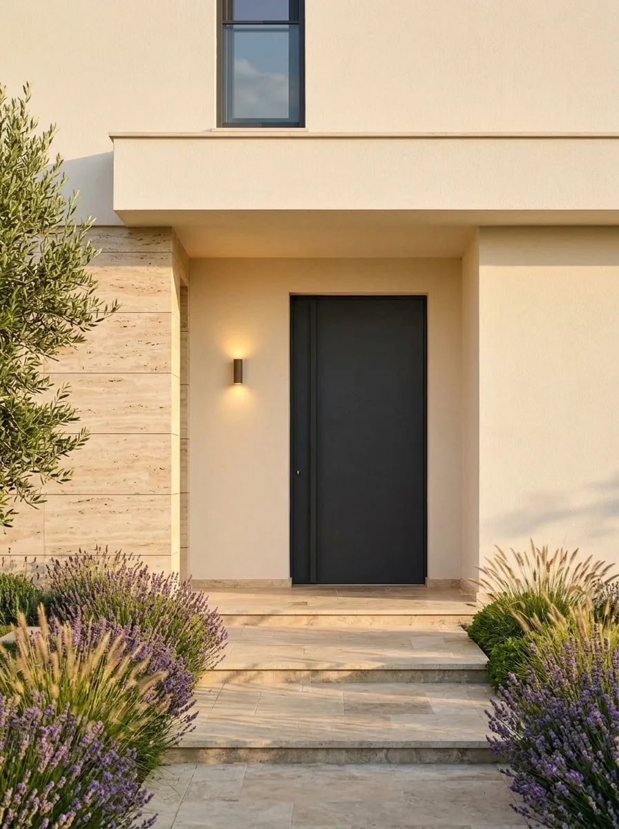 Travertenle kaplanmış girişi ve antrasit pivot kapısıyla modern bir villa, akşam güneşinde