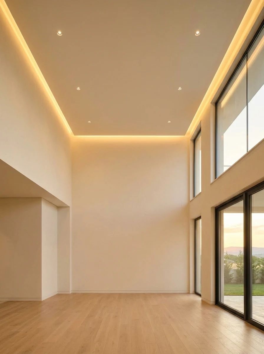 Gizli ışıklı asma alçıpan tavan ve gömme spotlu minimal oturma alanı