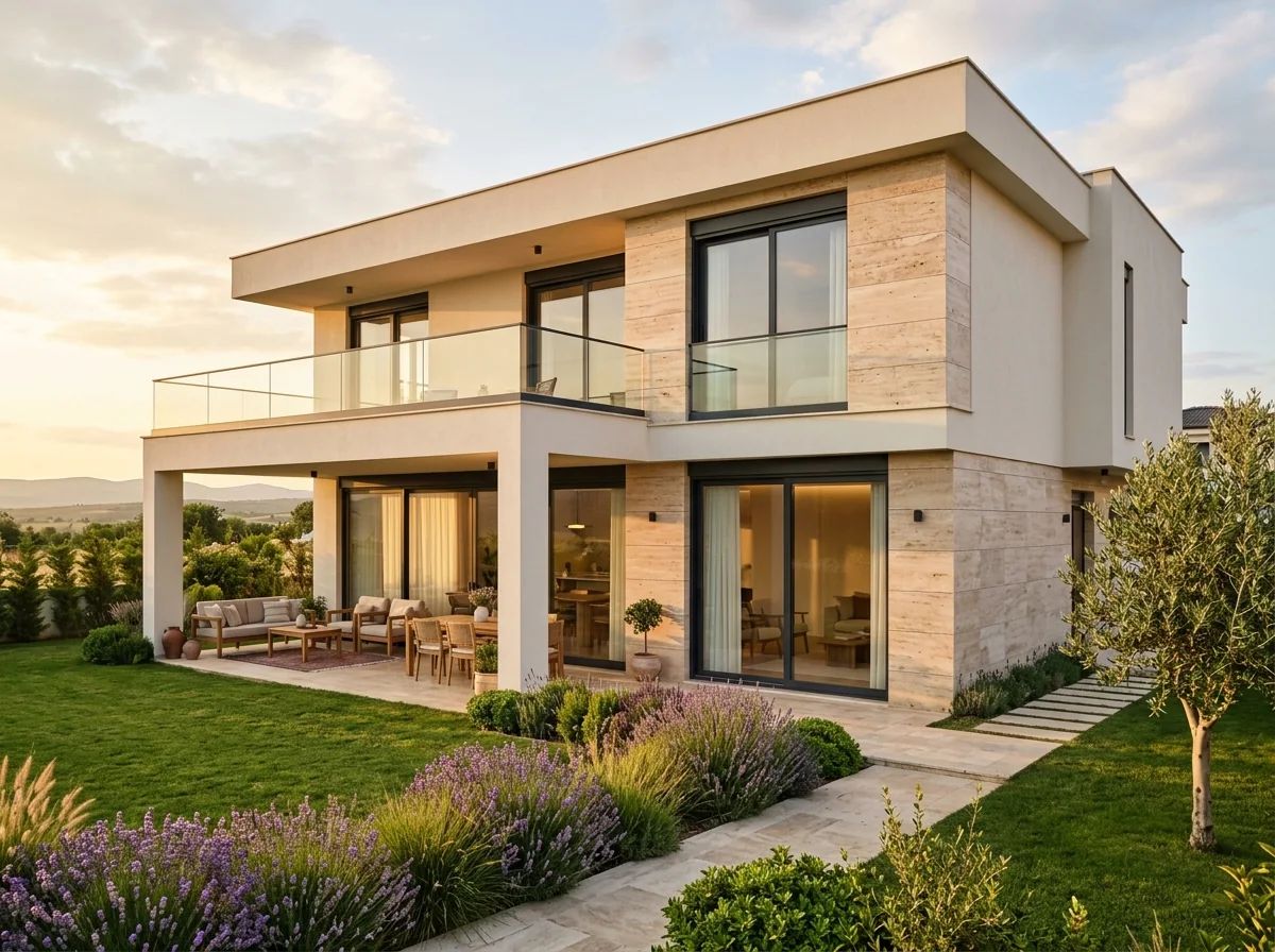 Beyaz sıvalı, traverten kaplamalı, geniş sürgülü camlı iki katlı villa ve bahçesi