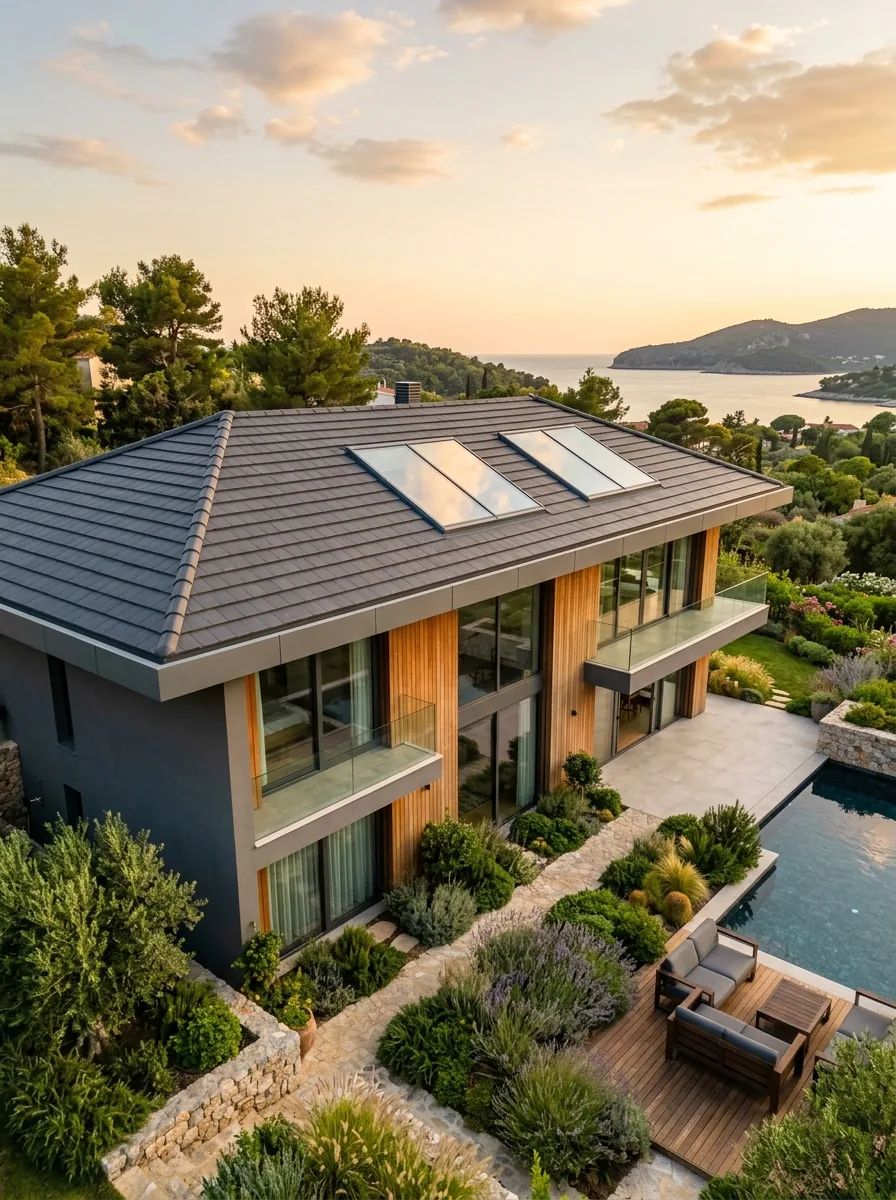 Düz antrasit kil kiremitli ve çatı pencereli modern villa, hafif yukarıdan
