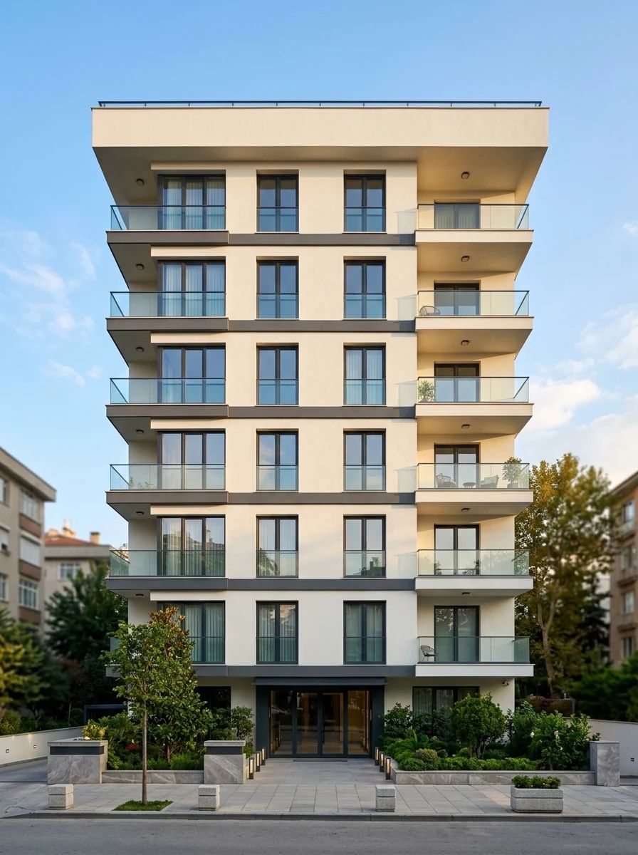 Cephesi mantolama ile yenilenmiş, cam korkuluklu balkonları olan orta katlı apartman