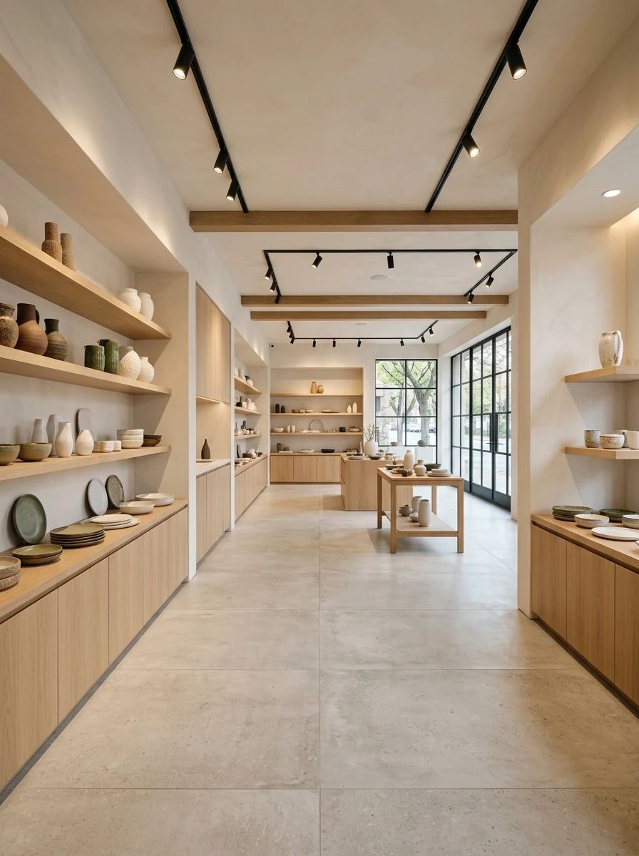 Sıcak ışıklı, meşe rafları ve beton görünümlü porselen zemini olan butik mağaza