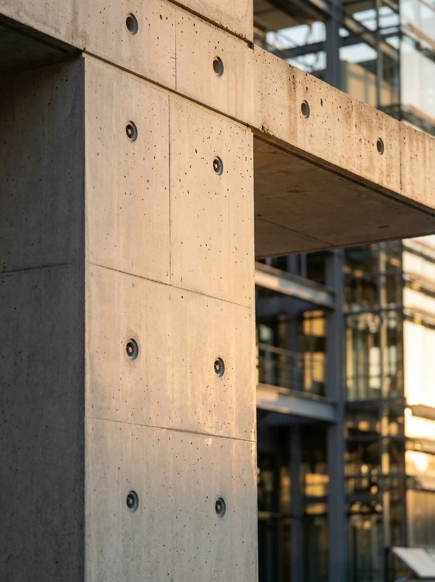 Kalıp izleri düzgün, pürüzsüz yüzeyli brüt beton kolon ve döşeme kenarı