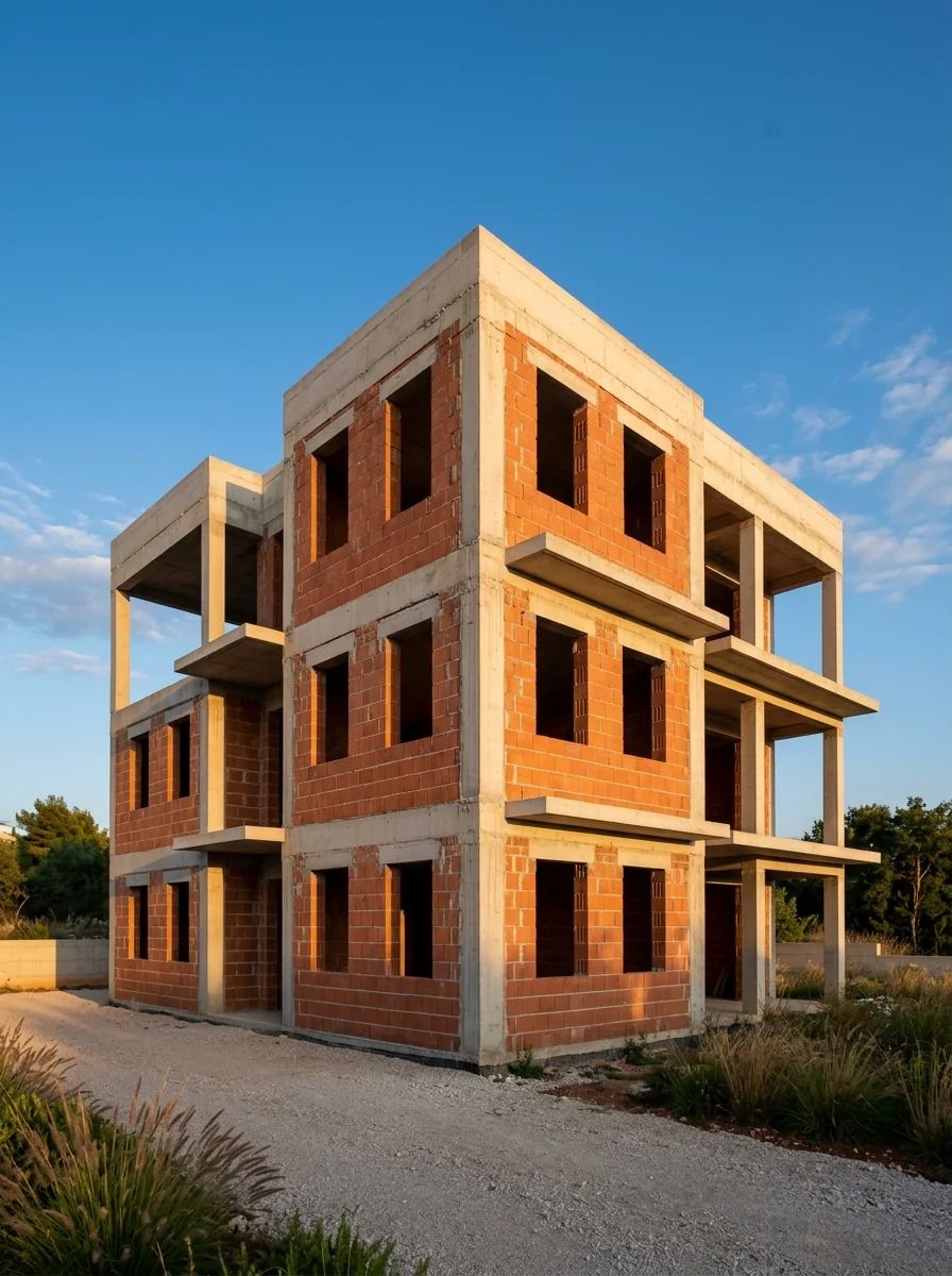 Tuğla duvarları örülmüş, pencere boşlukları hazır villa yapısı