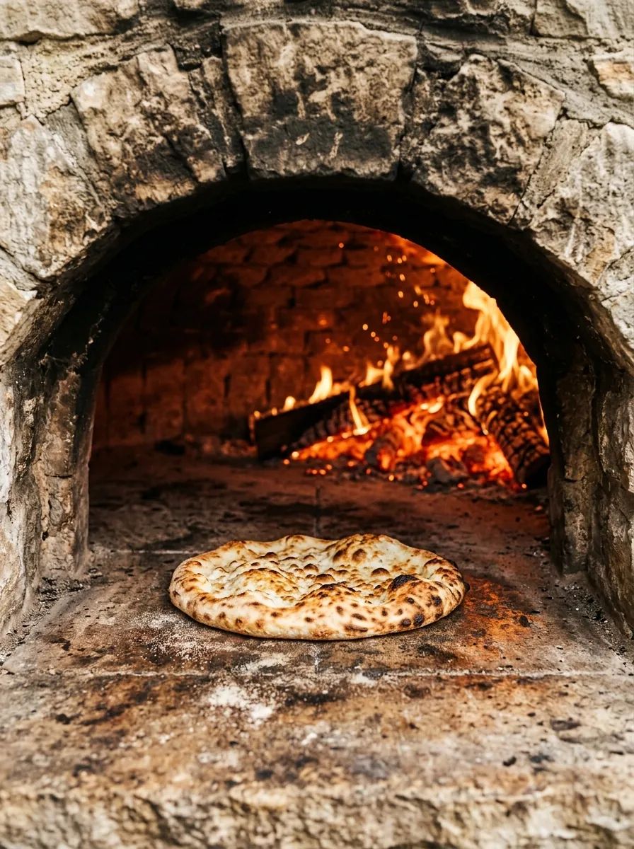 Odun ateşli taş fırında pişen yuvarlak pide