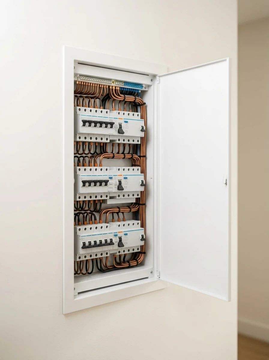 Sıra sıra sigortaları ve kaçak akım rölesi olan düzenli, beyaz elektrik panosu